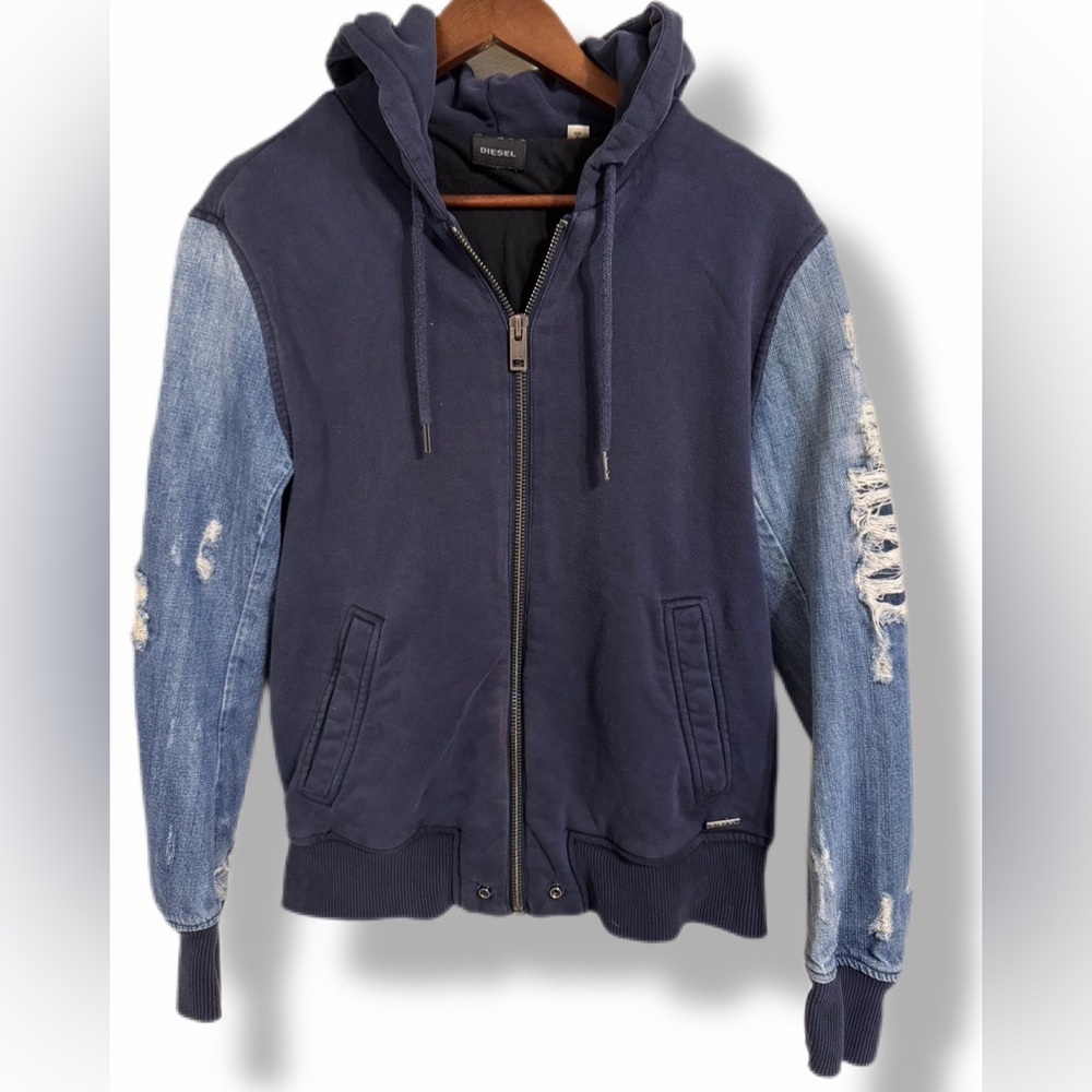 Diesel Archive Half Distressed Denim Hybrid Hoodie Jacket Mens M Y2K Streetwear